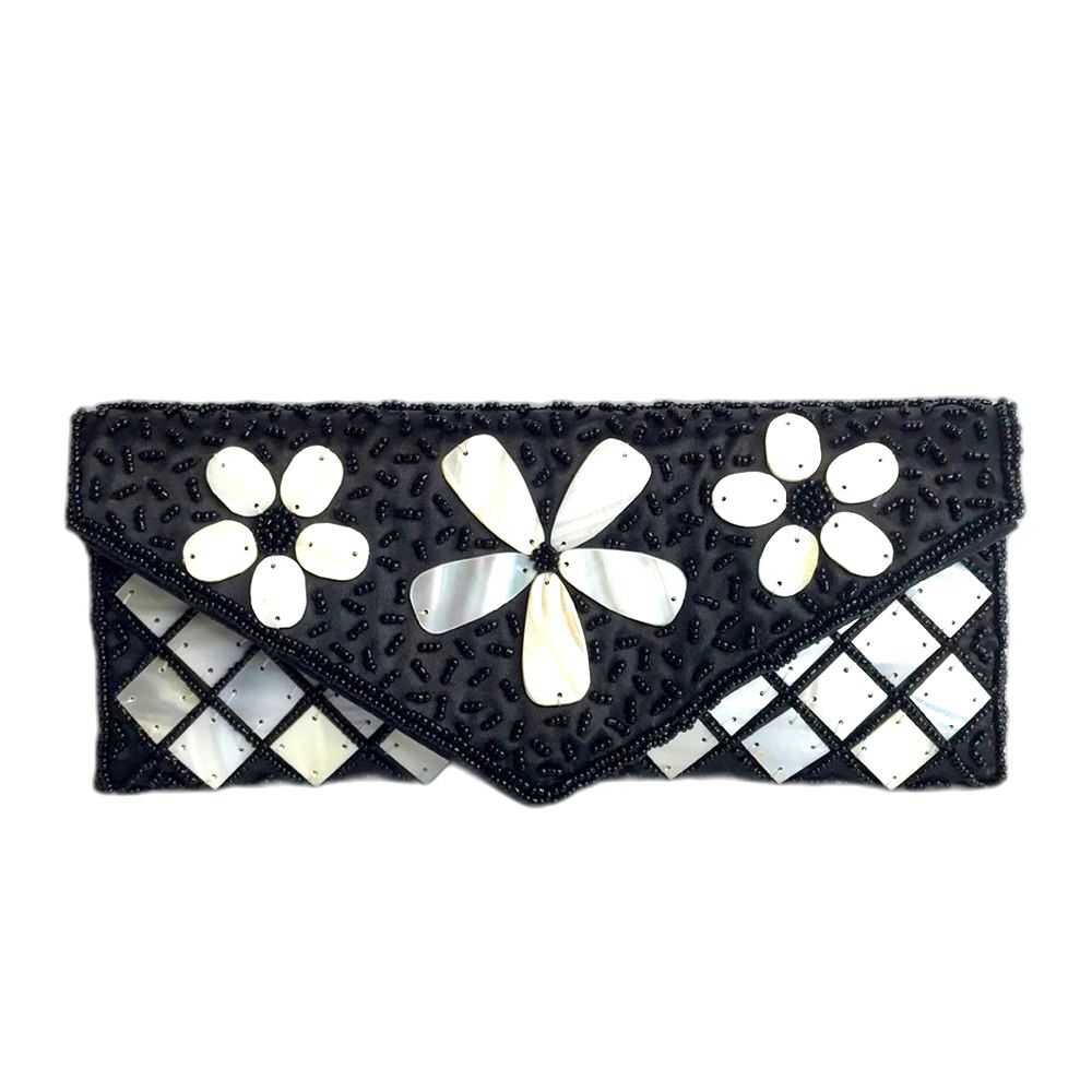 Vtg mad by design mother of pearl accents clutch black flower wallet
